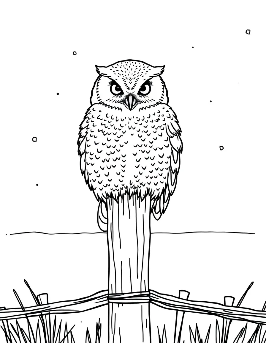 Snowy owl perched on a fence post in a winter field