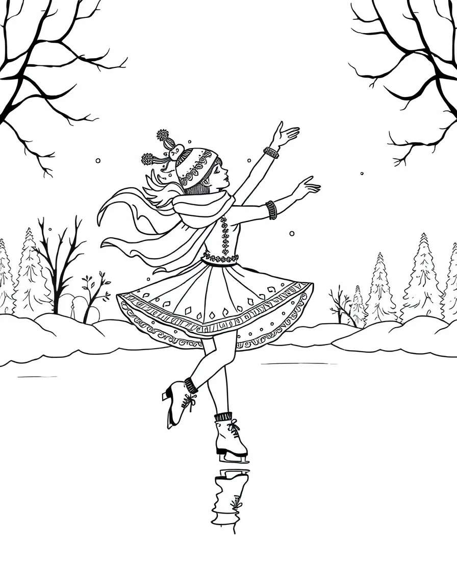 An elaborate ice-skating performance on a frozen pond