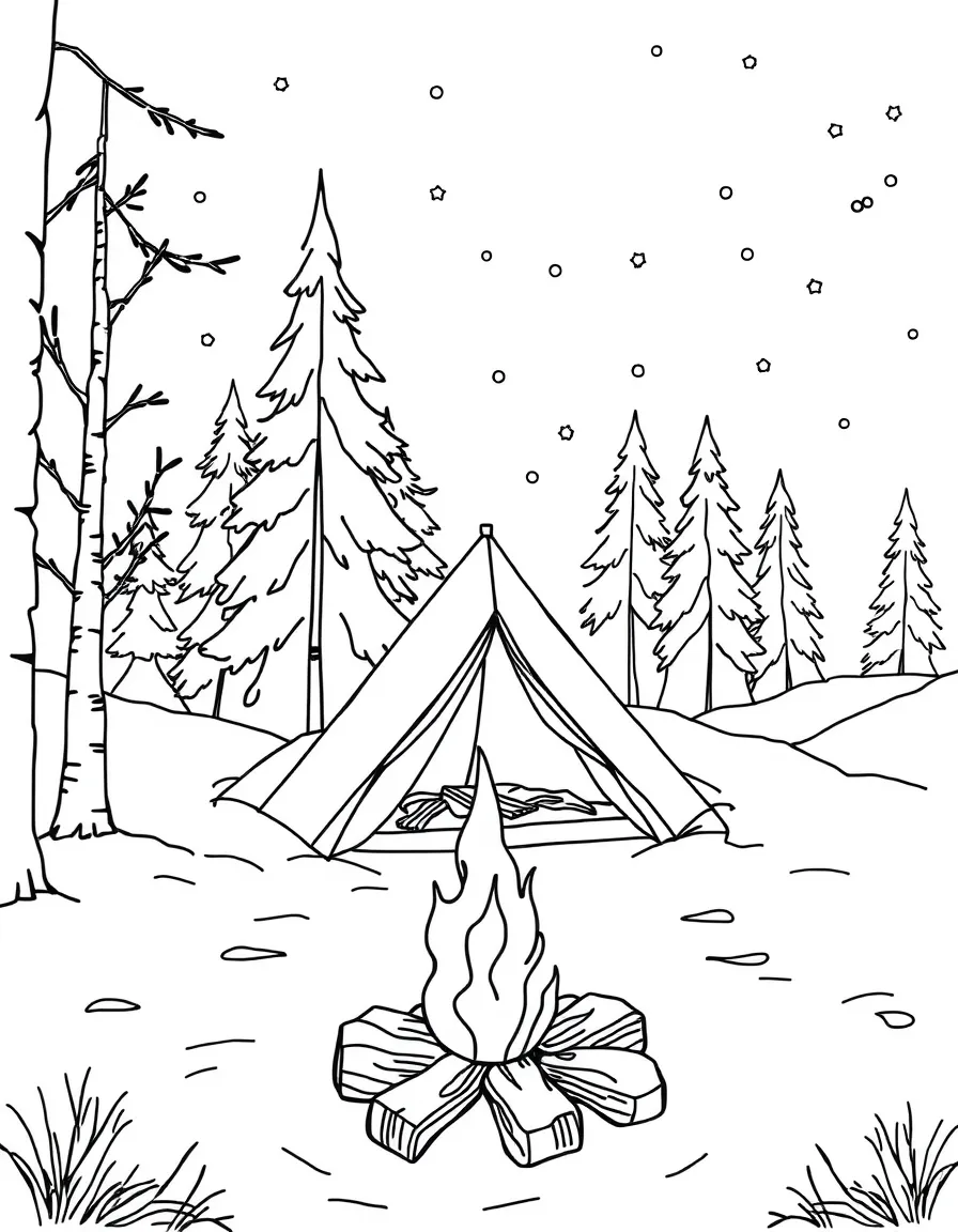 Winter camping scene with a tent in the snow and a campfire