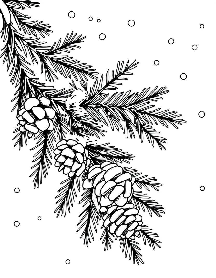 Snowflakes falling on evergreen branches with pinecones