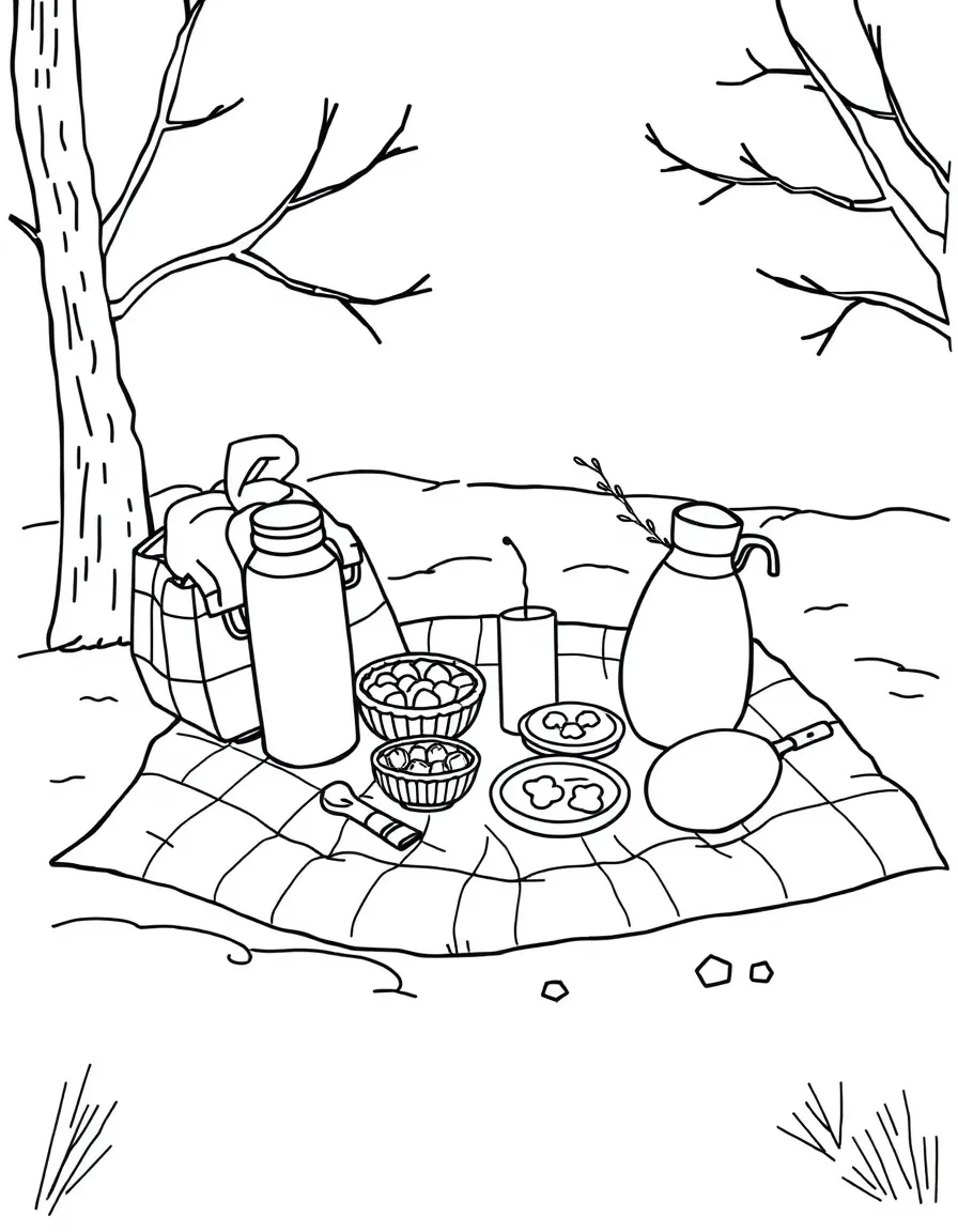 A winter picnic with a thermos and warm treats on a blanket