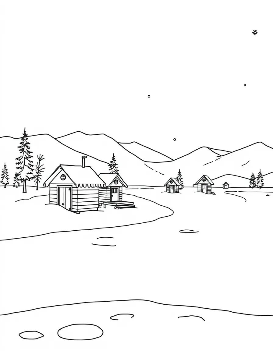 Ice fishing huts dotting a frozen lake landscape