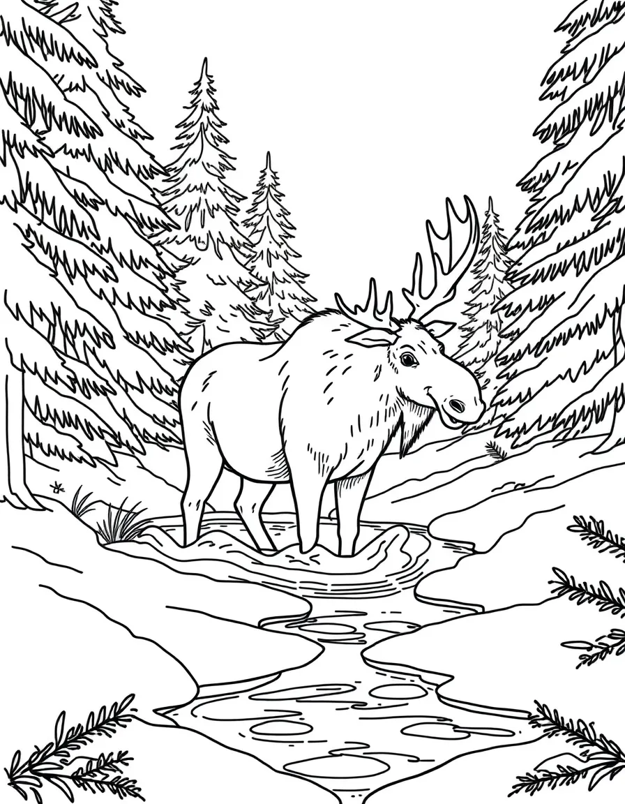 A moose wading through deep snow between evergreens