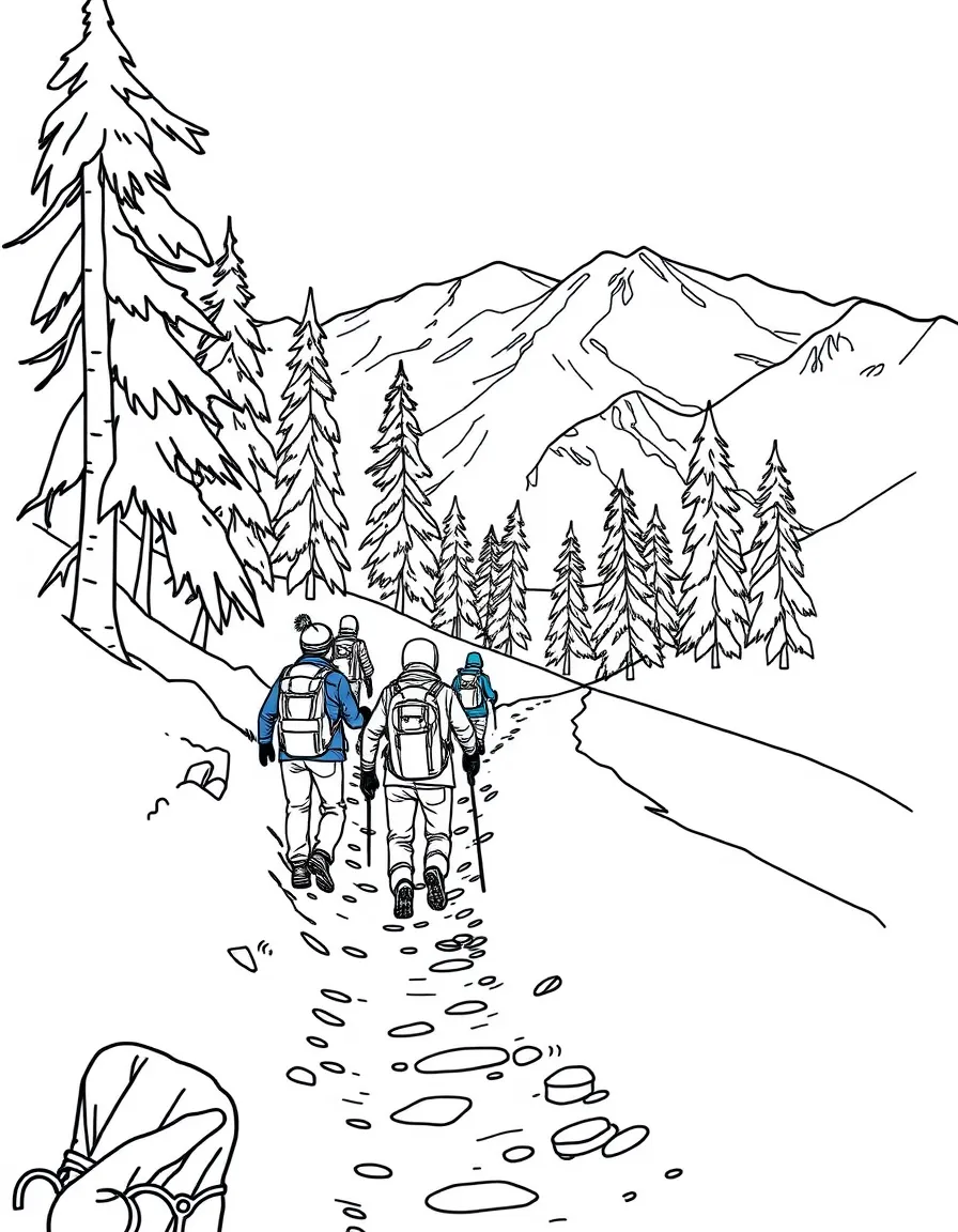 A winter hiking scene with people in snow gear on a trail