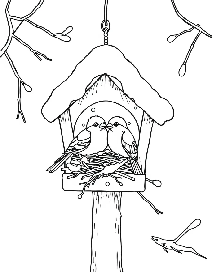Winter birds nesting in a snow-covered birdhouse