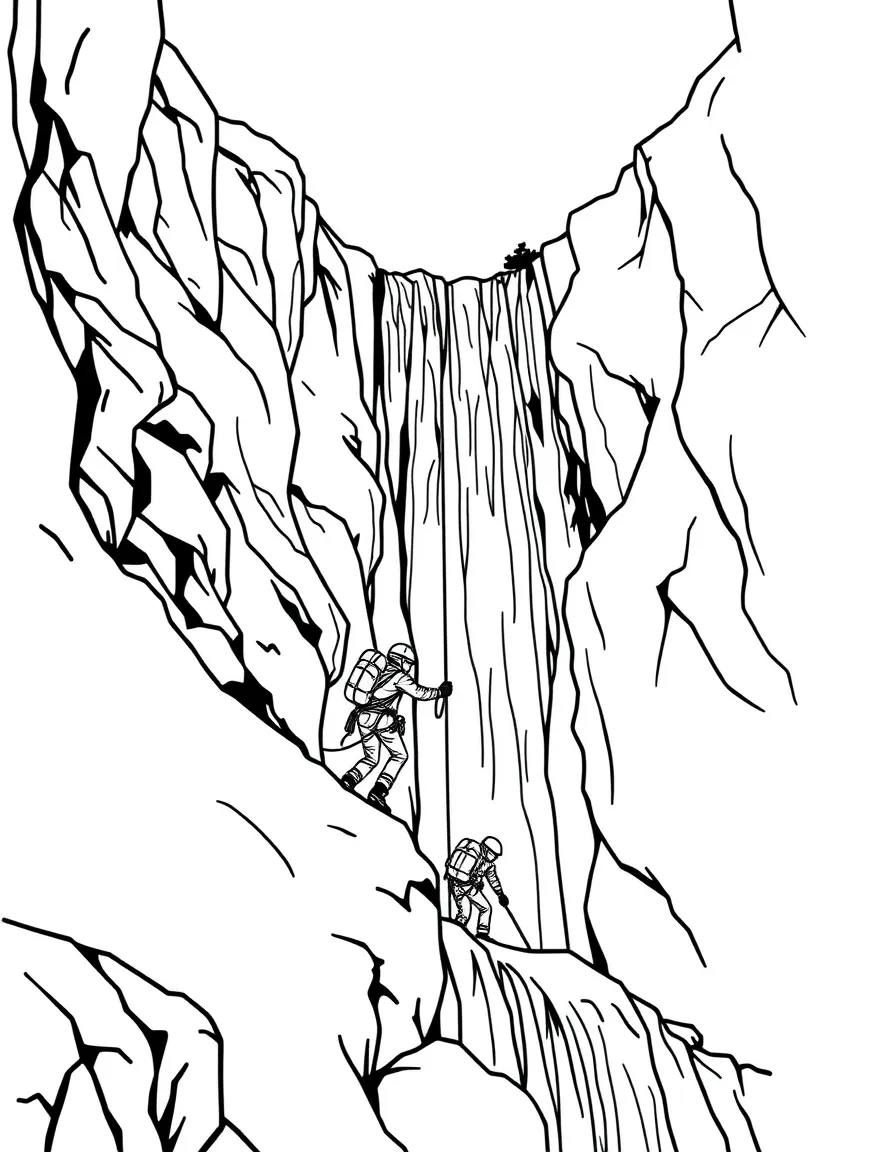 Ice climbers scaling a frozen waterfall with equipment