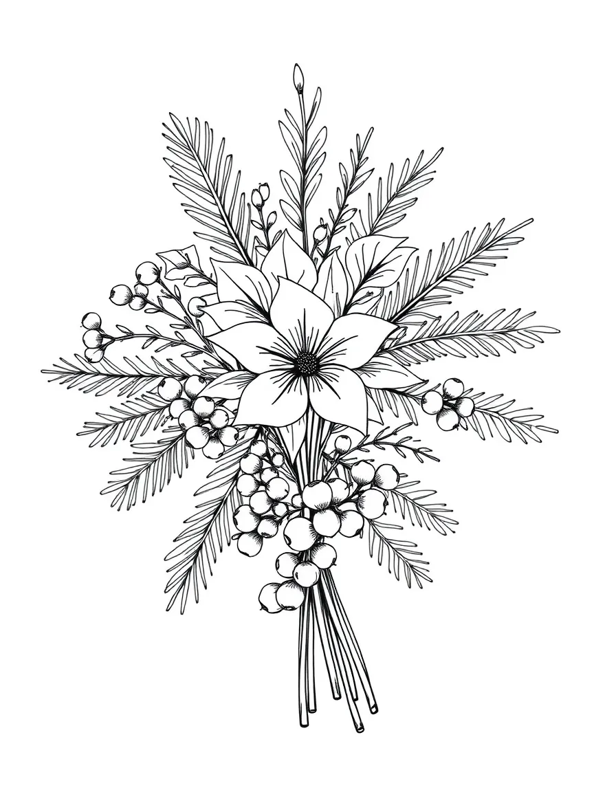 A detailed winter flower arrangement with pine boughs and berries