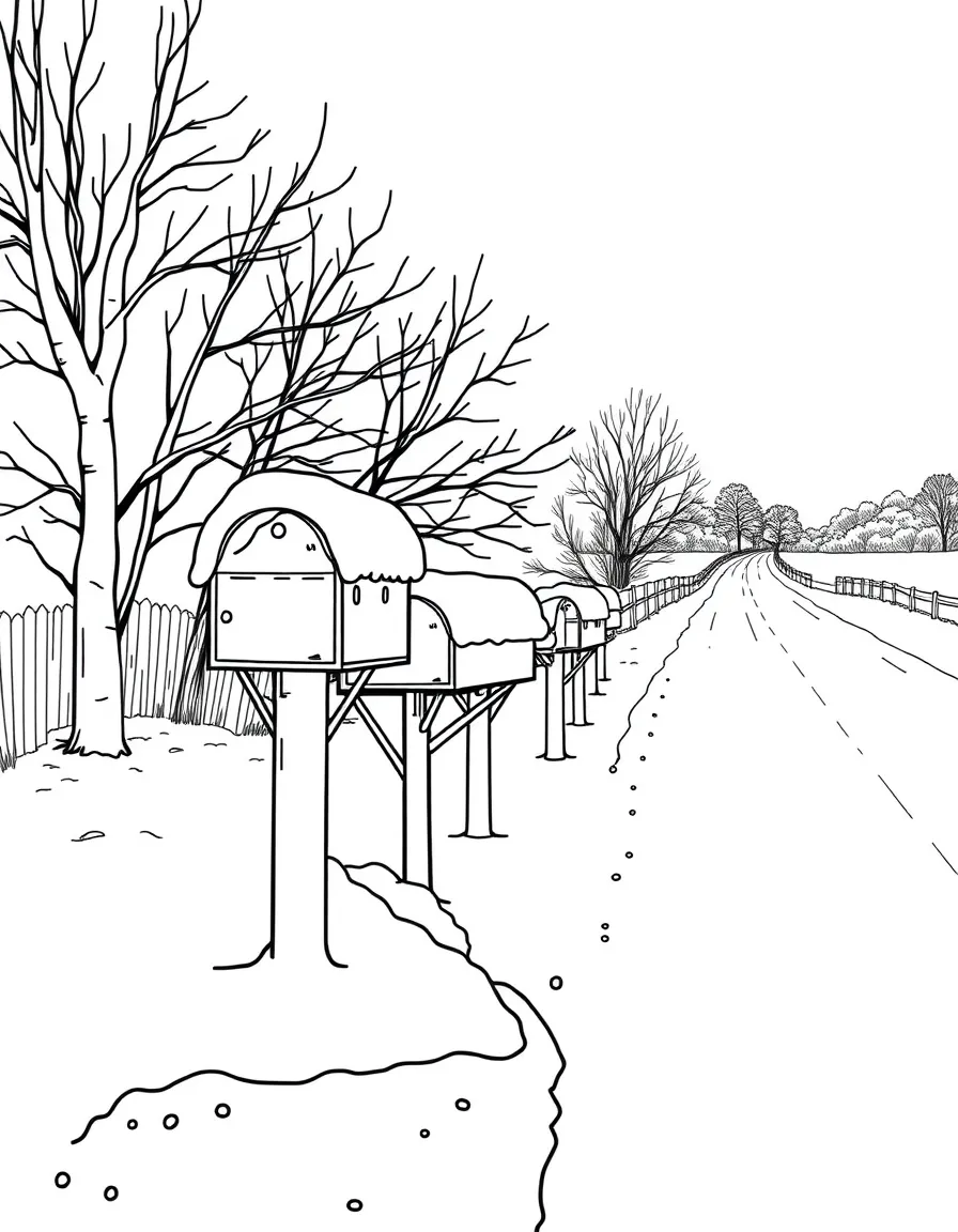 Snow-covered mailboxes along a rural winter road