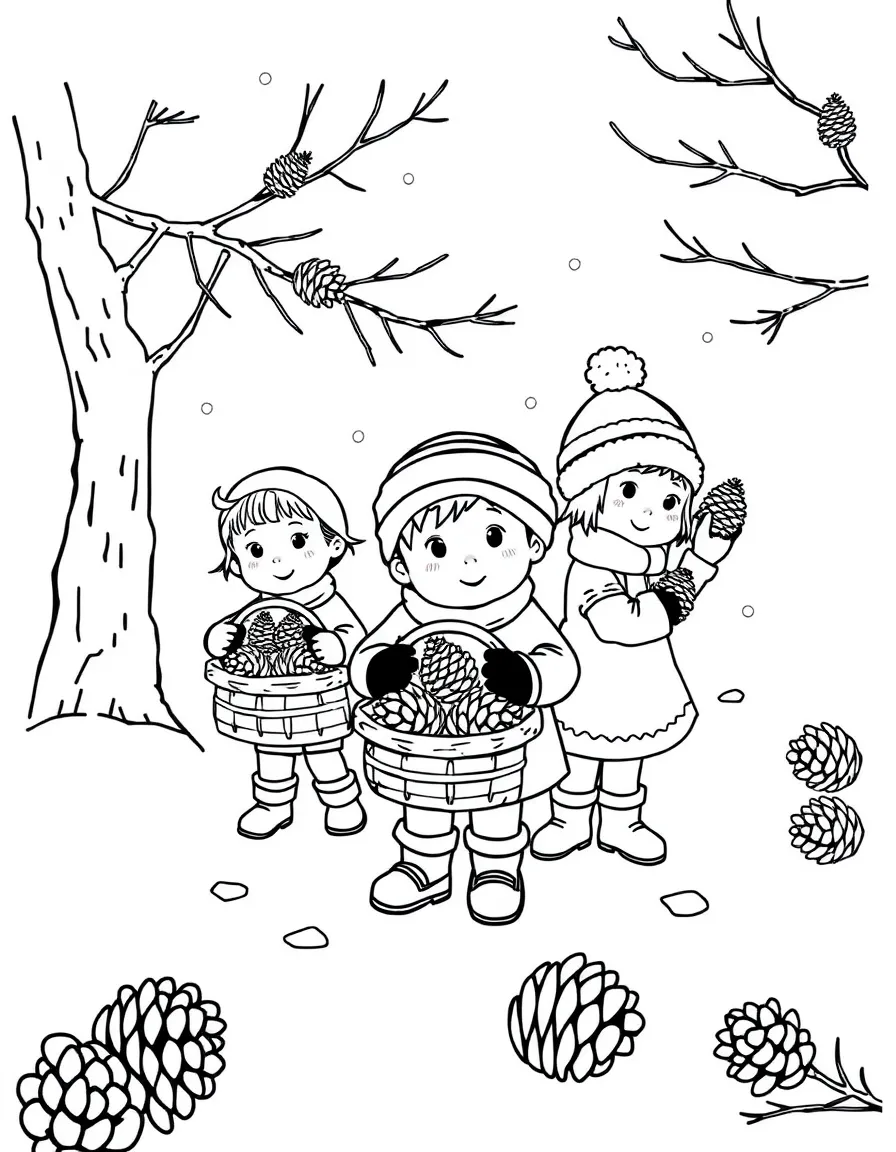 A winter scene with children collecting pine cones in baskets