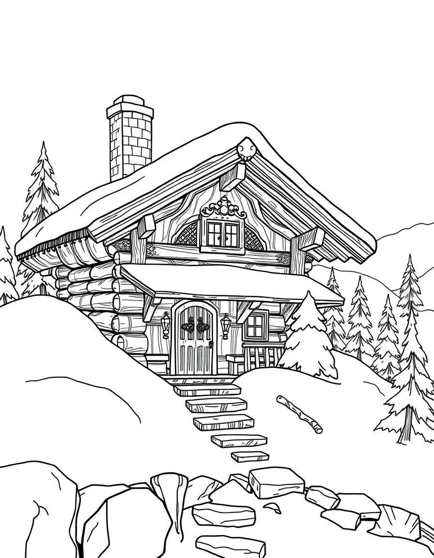 A mountain cabin with detailed wood carvings covered in snow