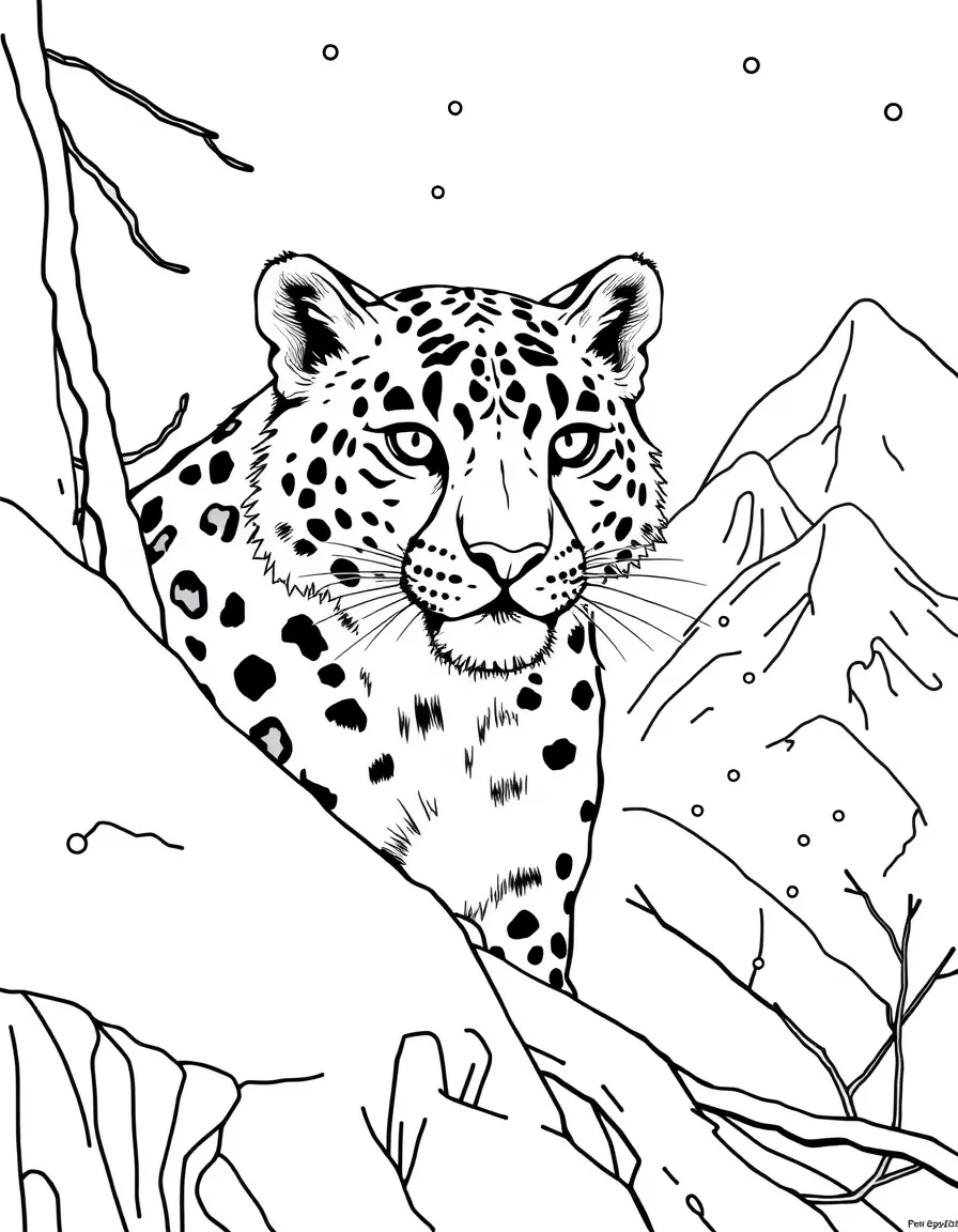 A snow leopard camouflaged in a snowy mountain scene