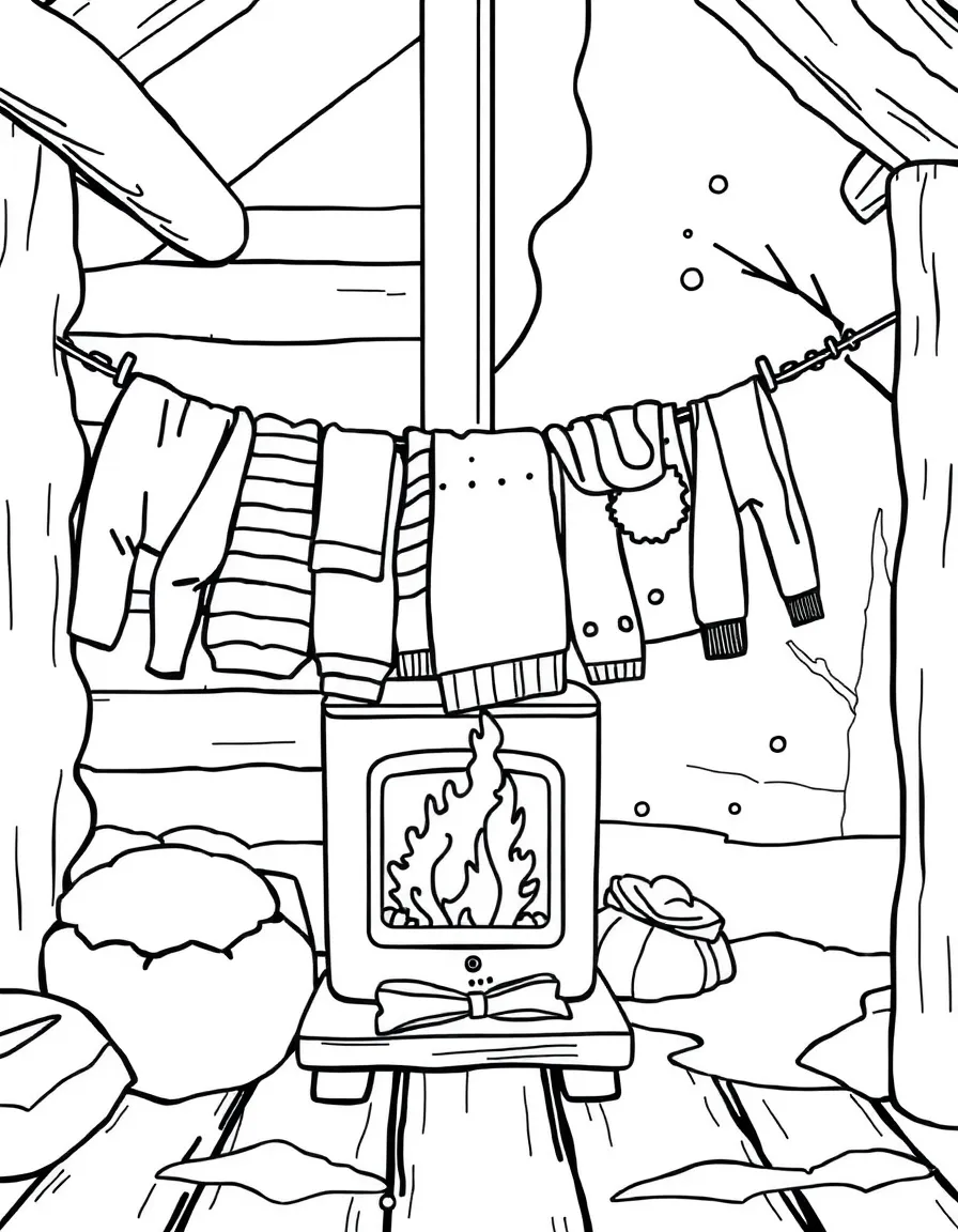 Winter clothes drying by a wood stove in a cabin