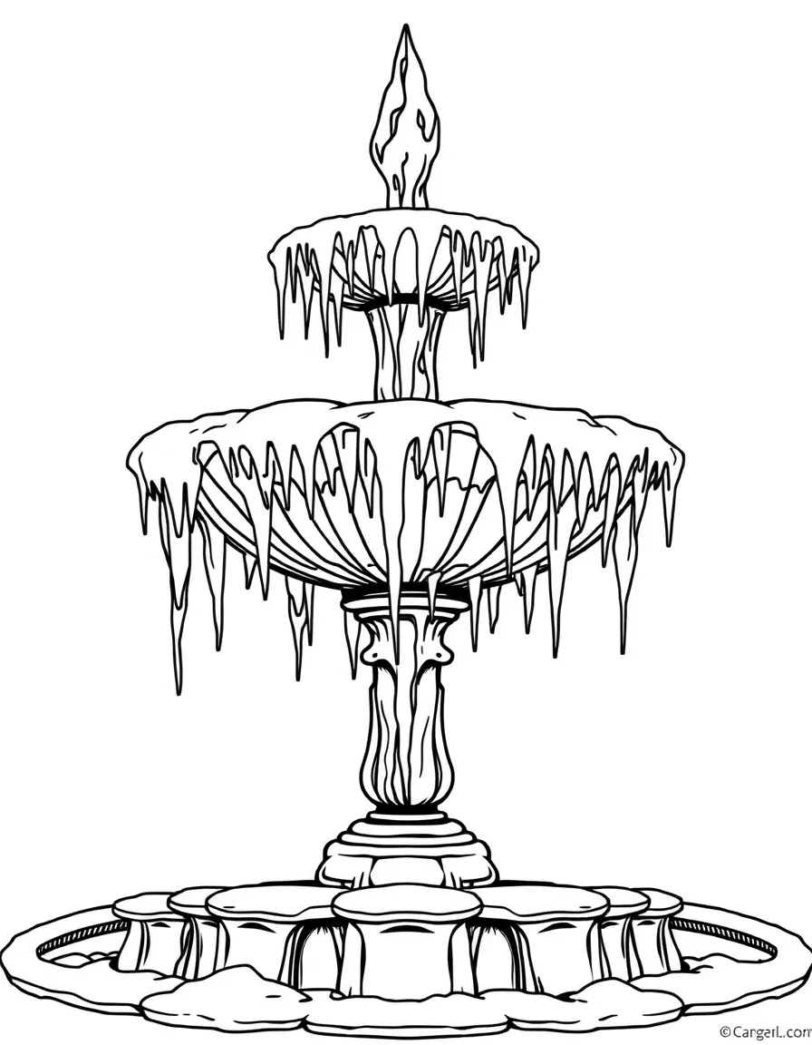 A frozen fountain with intricate ice formations