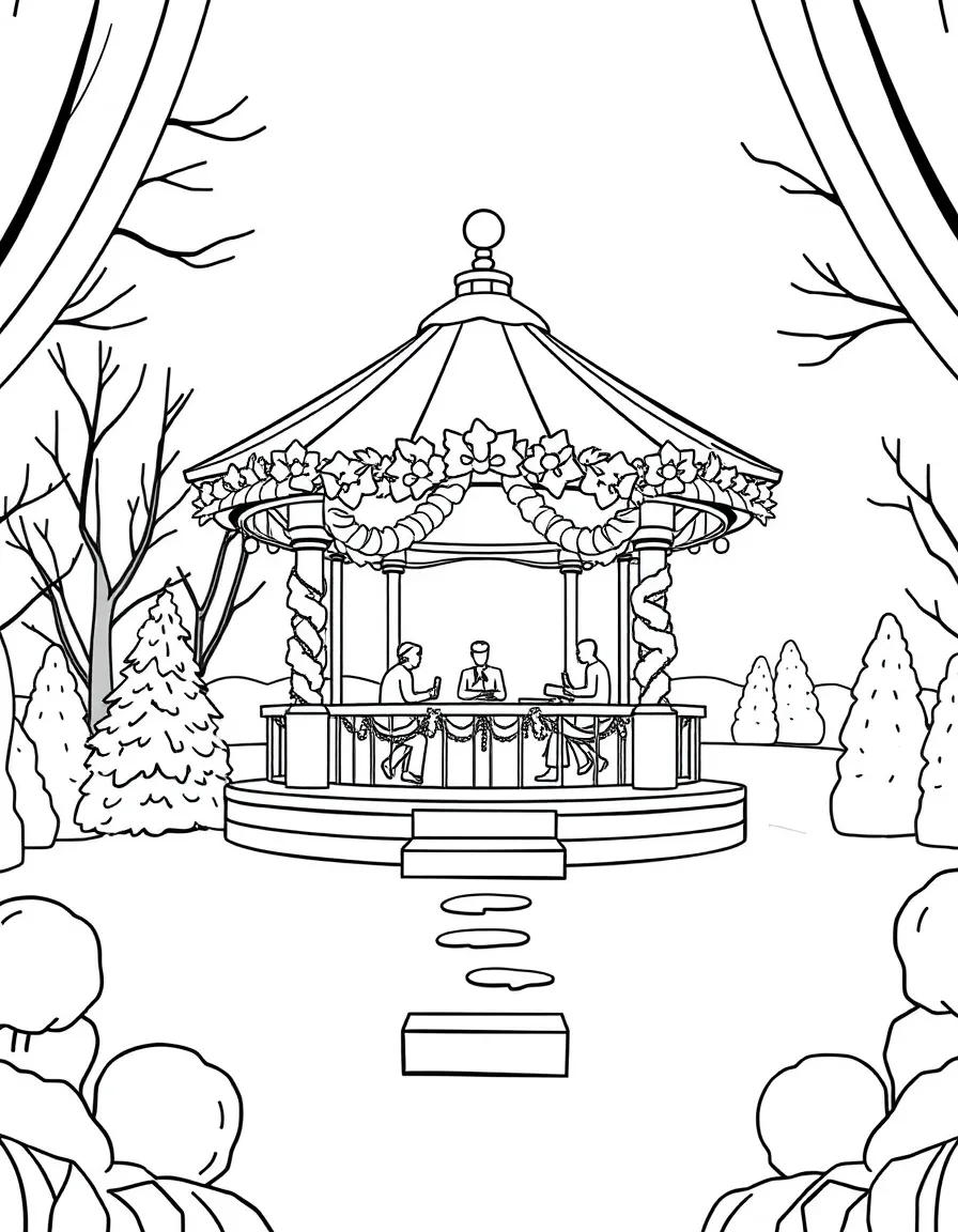 An outdoor winter concert with a decorated bandstand