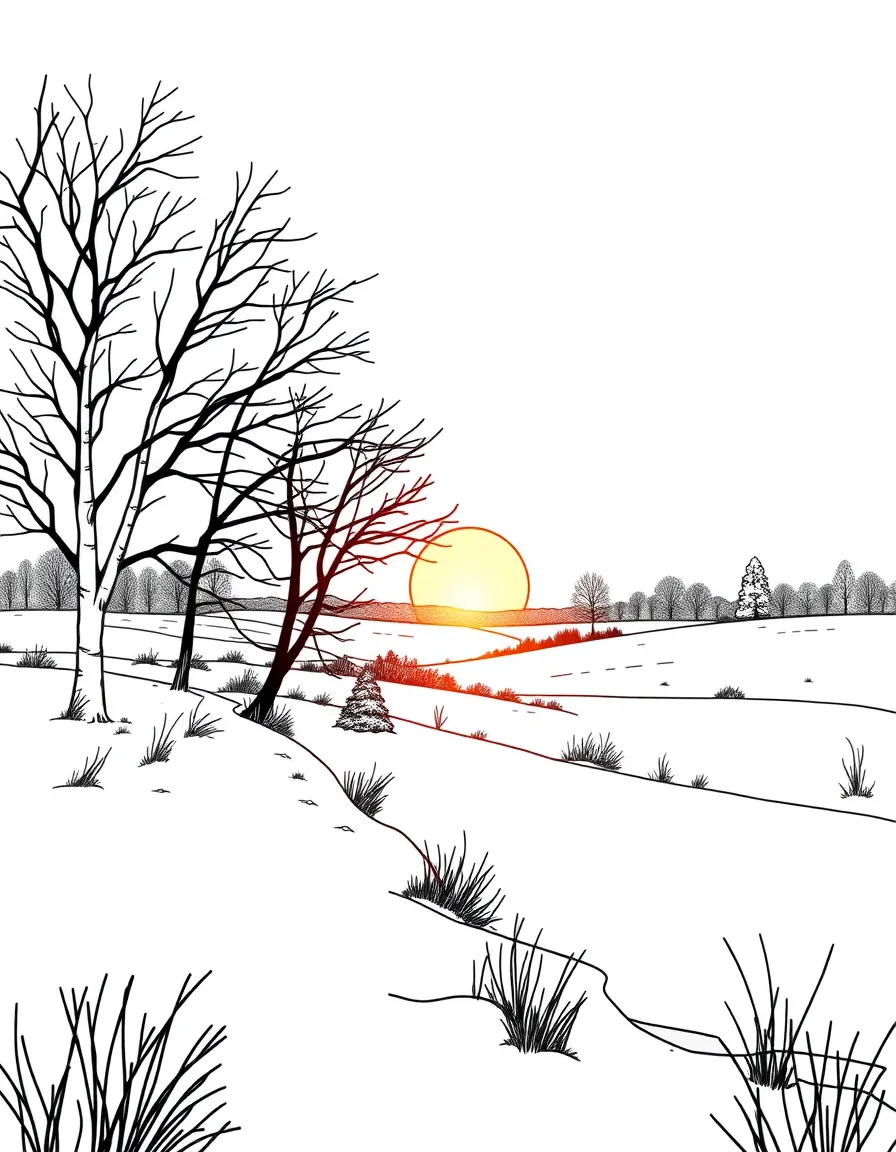 A winter sunset reflecting off snow-covered fields