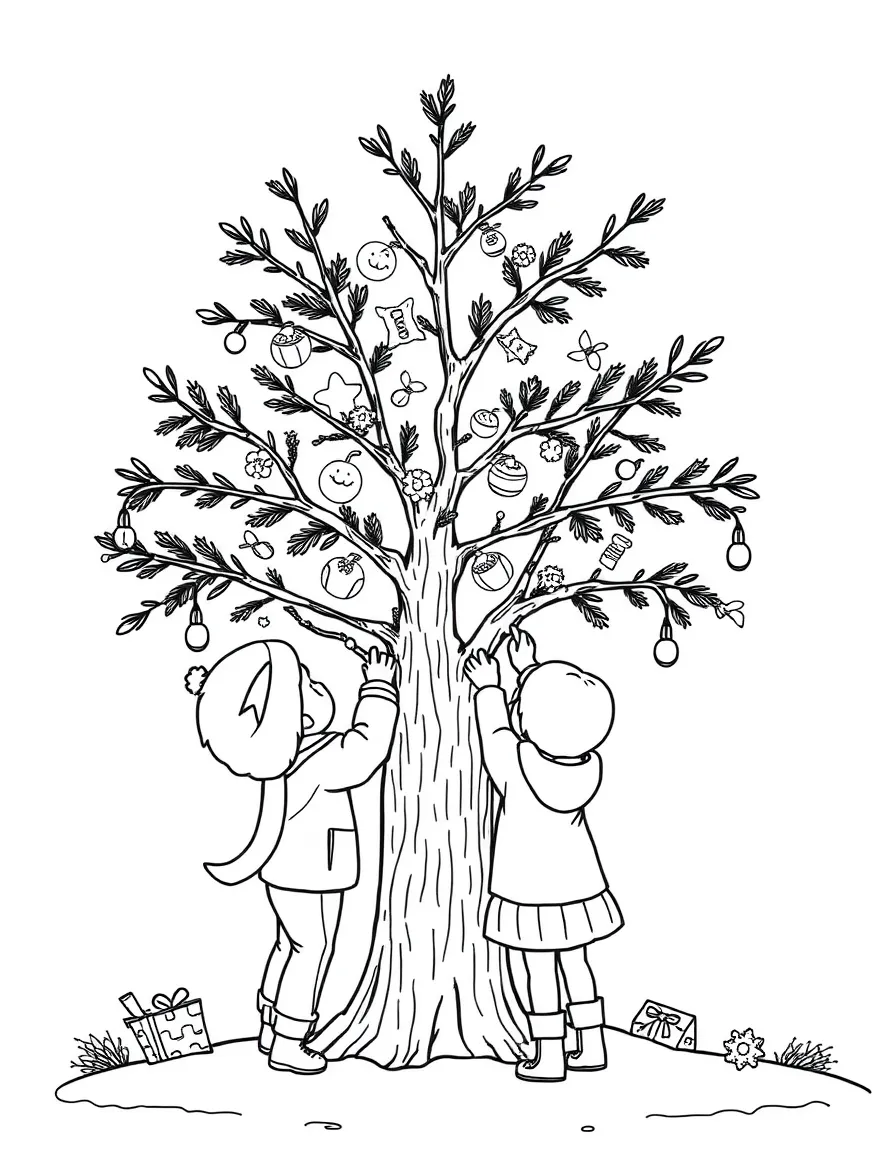 Children decorating an outdoor tree with winter bird treats