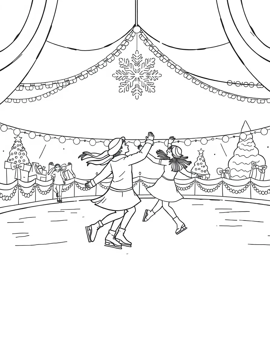 Ice skaters performing on a decorated rink with lights