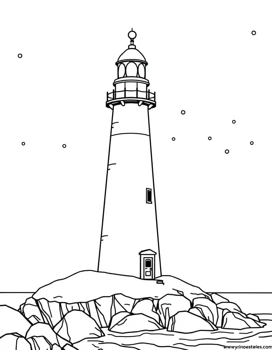 A snowy lighthouse on a winter shoreline