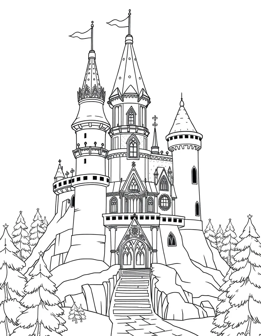 A winter fairy tale castle with detailed towers and snow