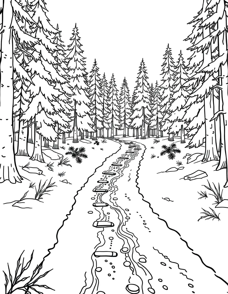 Winter wildlife tracks crossing through a forest clearing