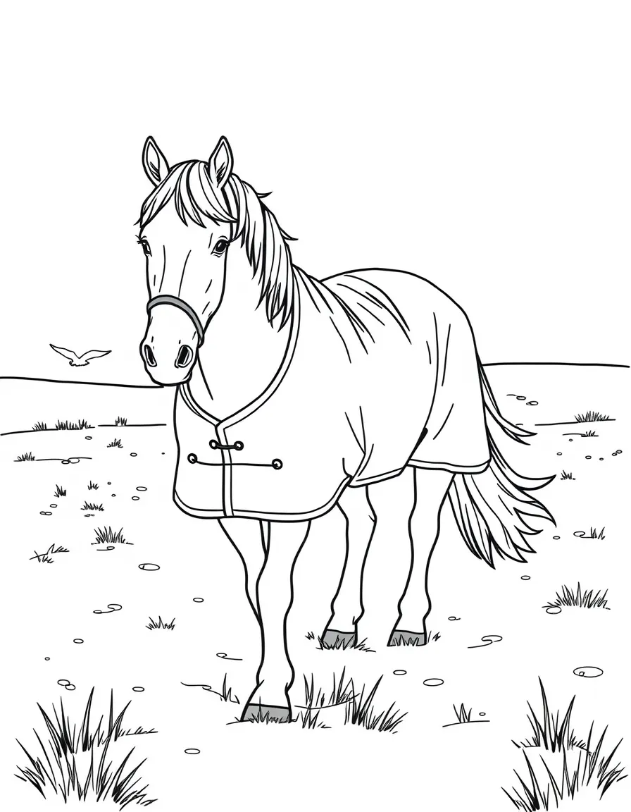 A horse with a winter blanket in a snowy pasture