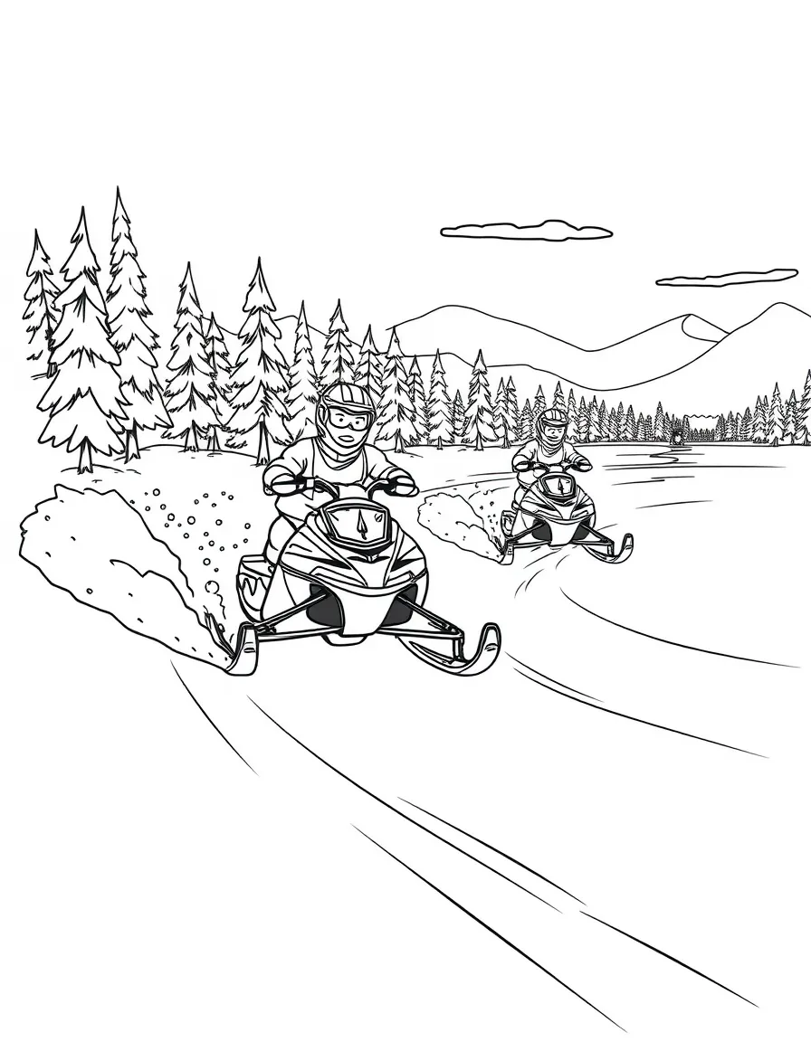 Snowmobiles racing across a frozen lake