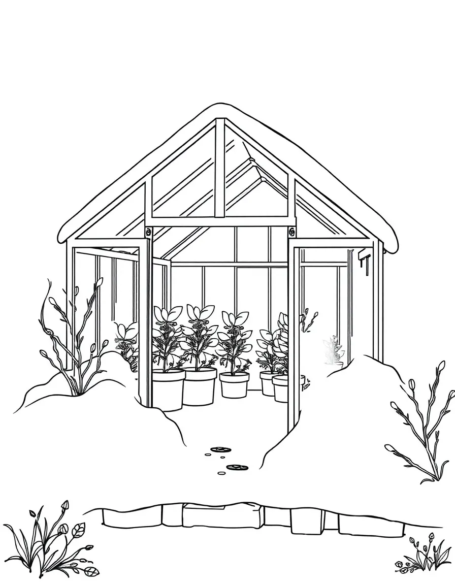 A snow-covered greenhouse with plants visible inside