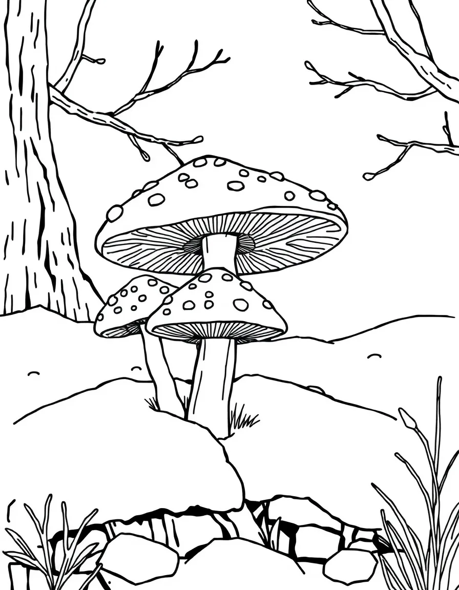 A woodland winter scene with mushrooms pushing through snow