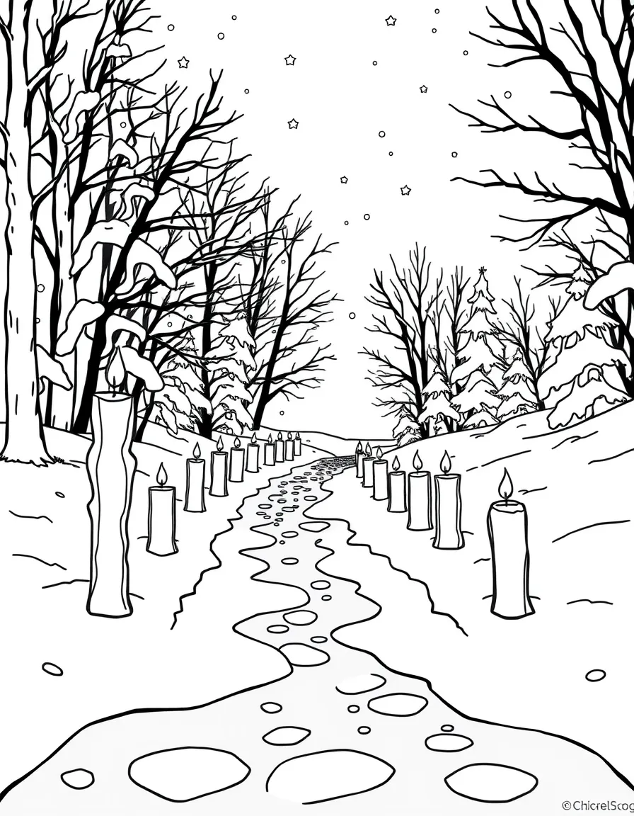 Ice candles lining a snowy path in the evening