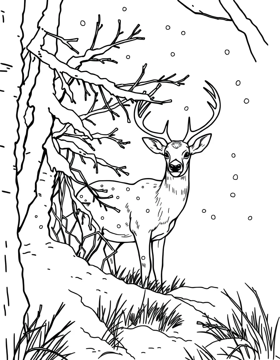 Deer seeking shelter in a thicket during snowfall