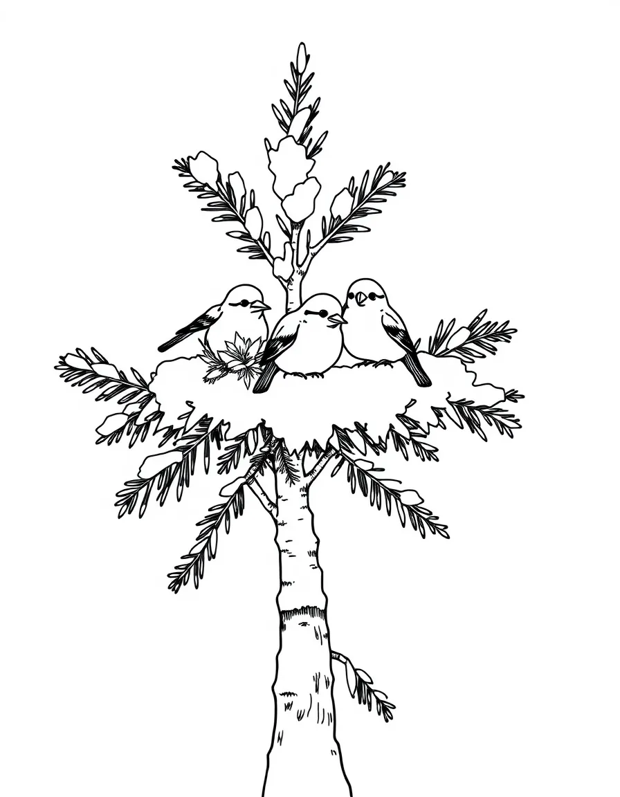 Winter birds roosting in a snow-covered pine tree
