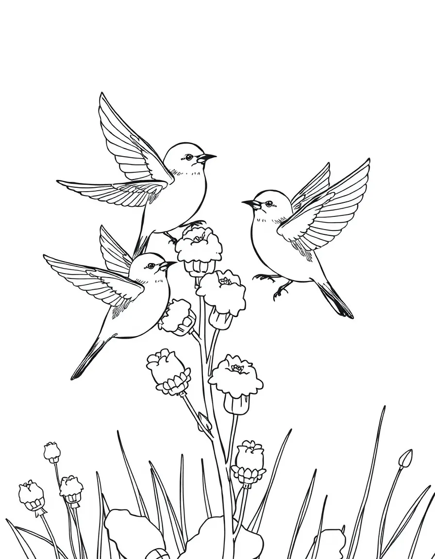 Snow buntings fluttering around snow-covered wildflower stalks
