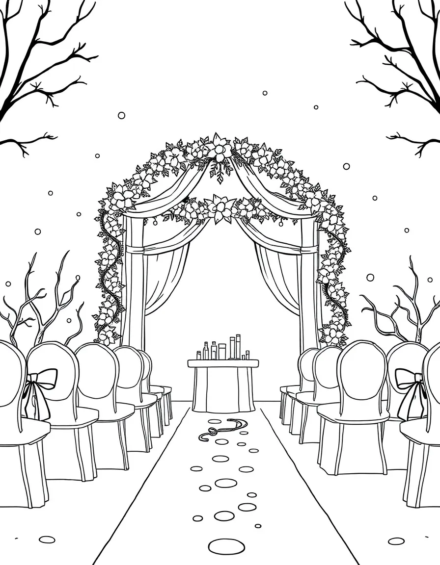A winter wedding scene with decorated arch and seating