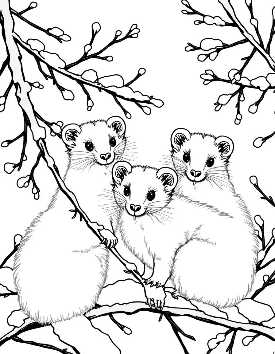 Ermine in their white winter coats among snowy branches