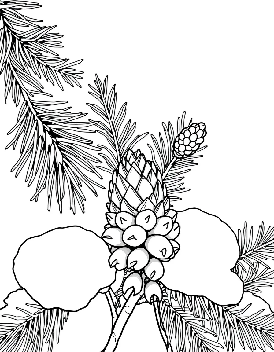 Winter conifers with detailed needles and cone structures