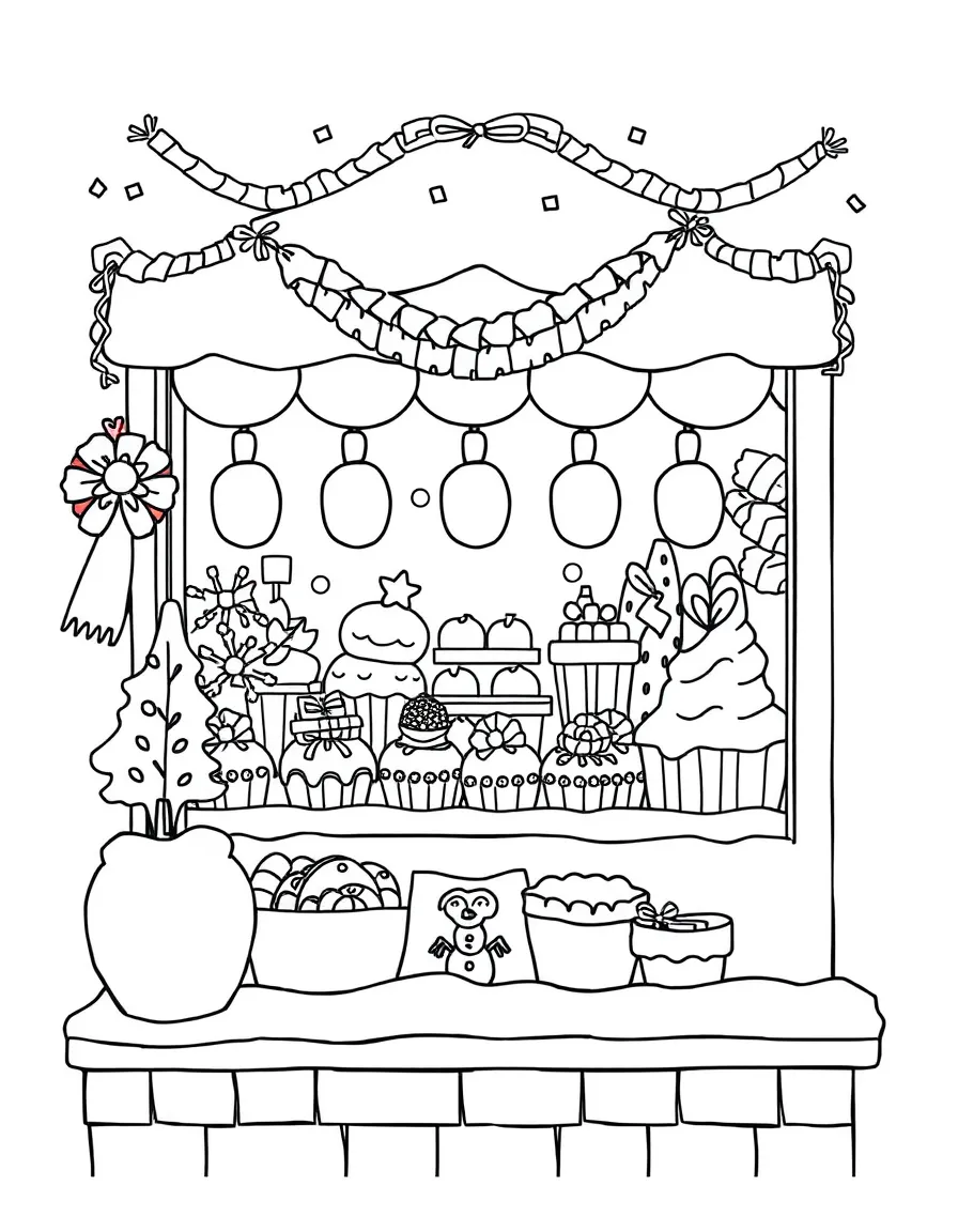 A busy winter bakery window with decorated treats