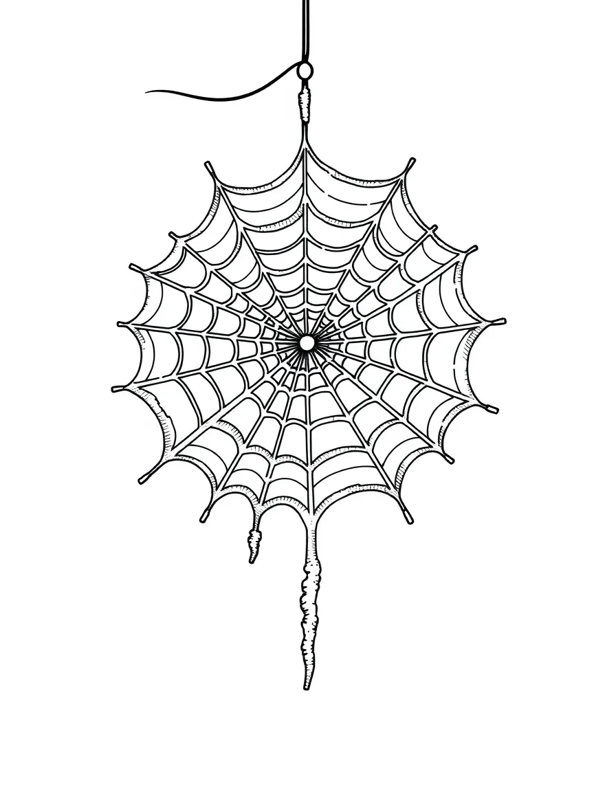 A frozen spider web glistening with frost