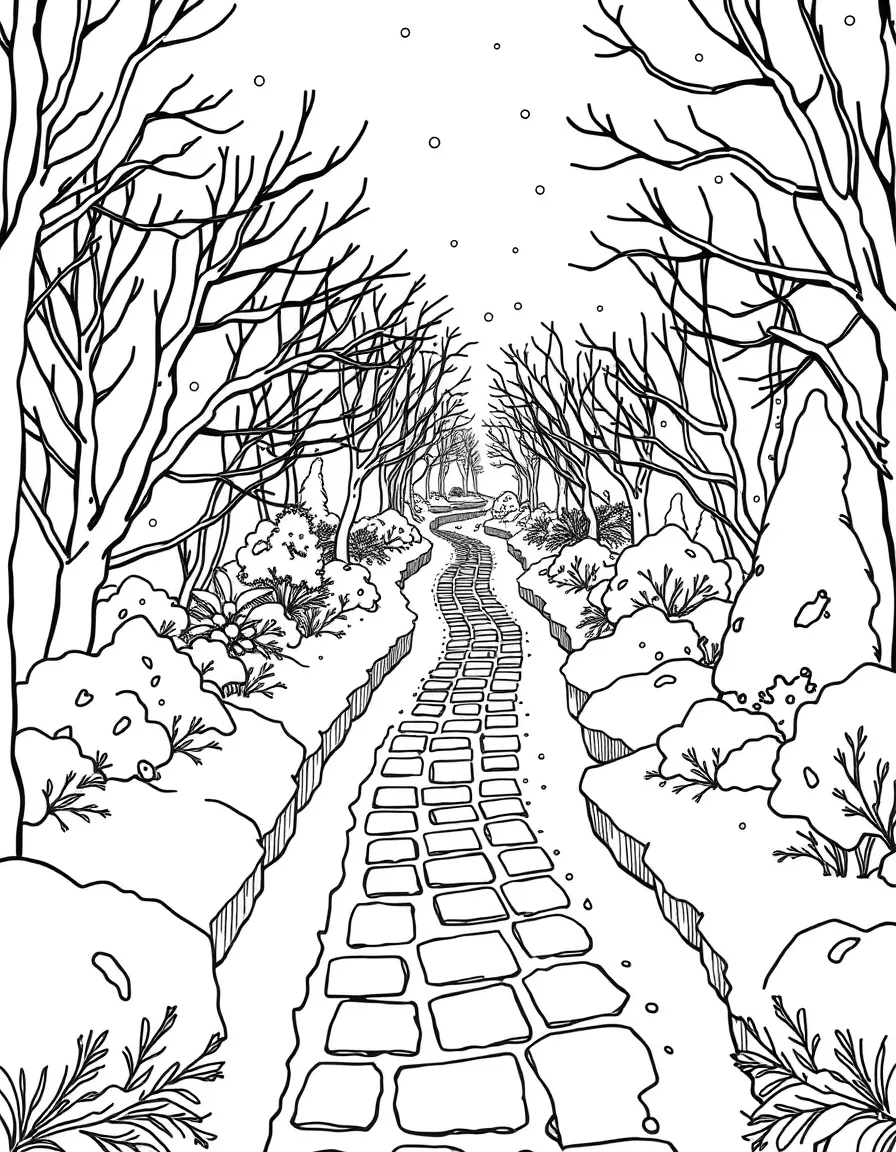 A winter labyrinth path through snow-covered gardens
