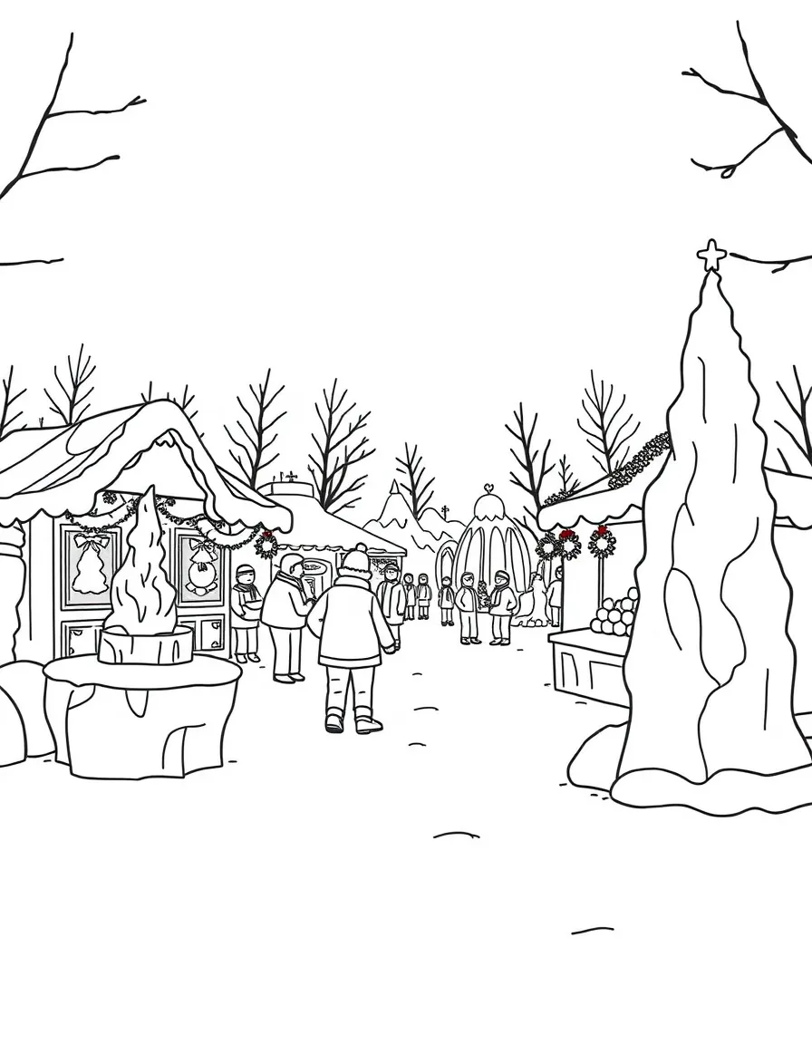 A winter festival with ice sculptures and decorated booths
