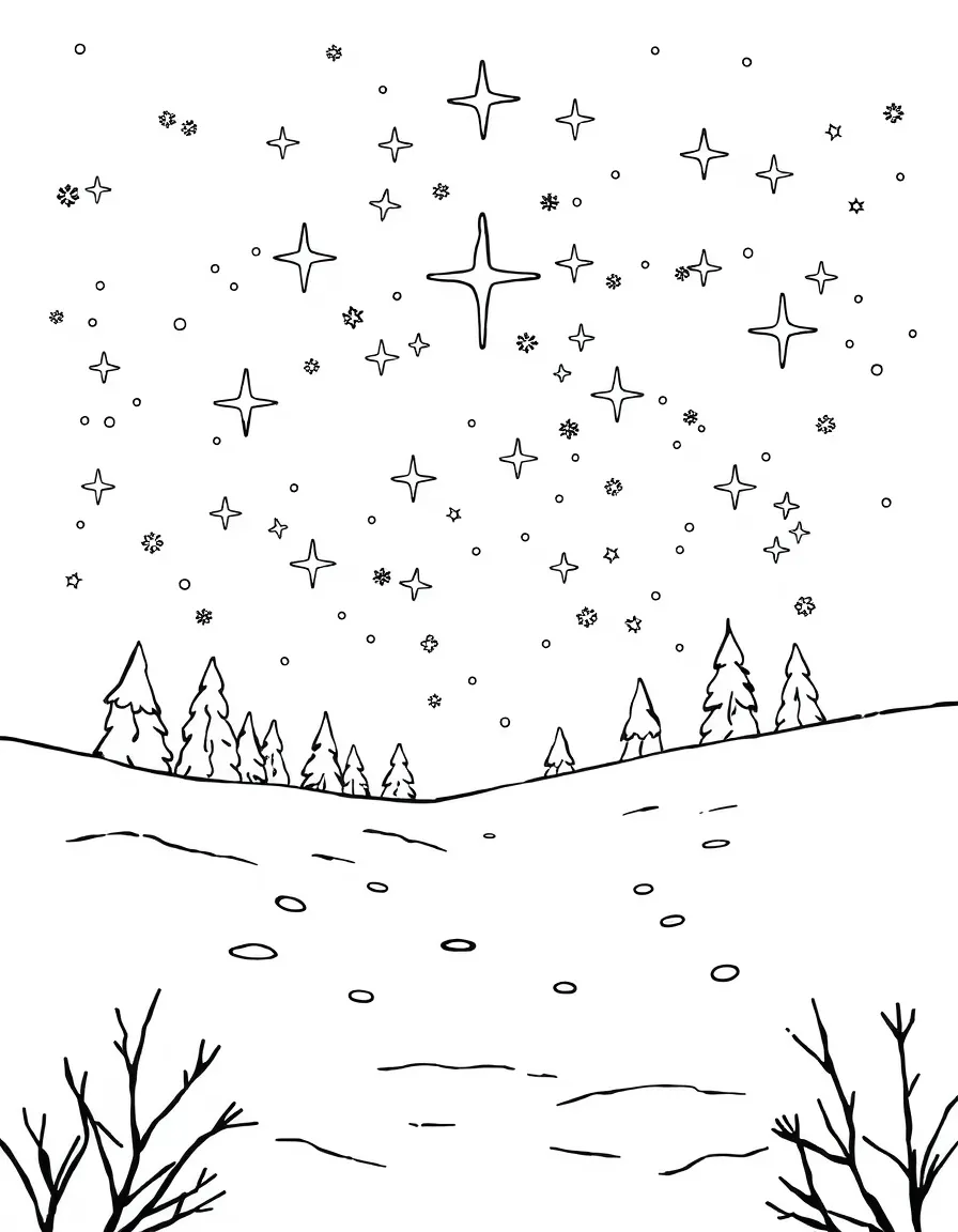 Winter star patterns viewed from a snowy clearing