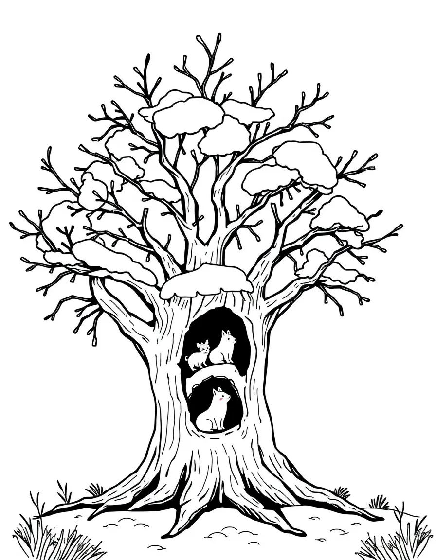 A wintry tree hollow providing shelter for small animals