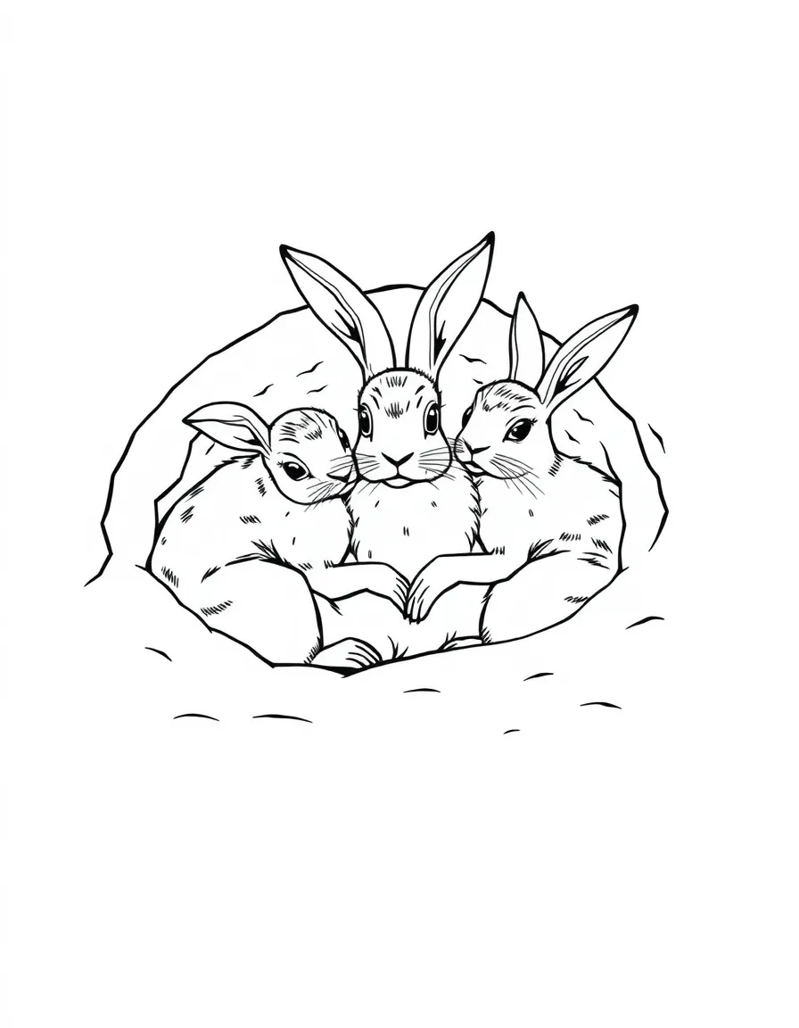 Arctic hares huddled together in a snowy burrow