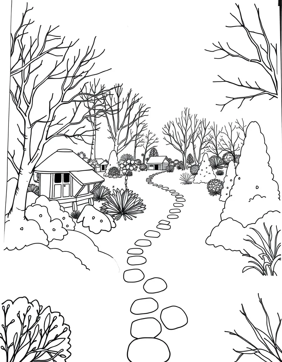 A winter garden with structures and paths visible under snow
