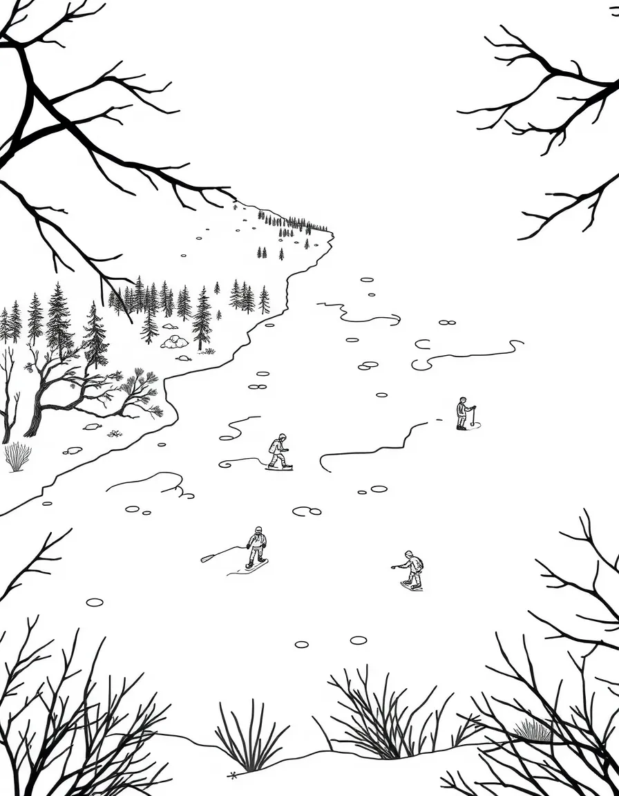 A frozen lake with skaters and ice fishing viewed from above