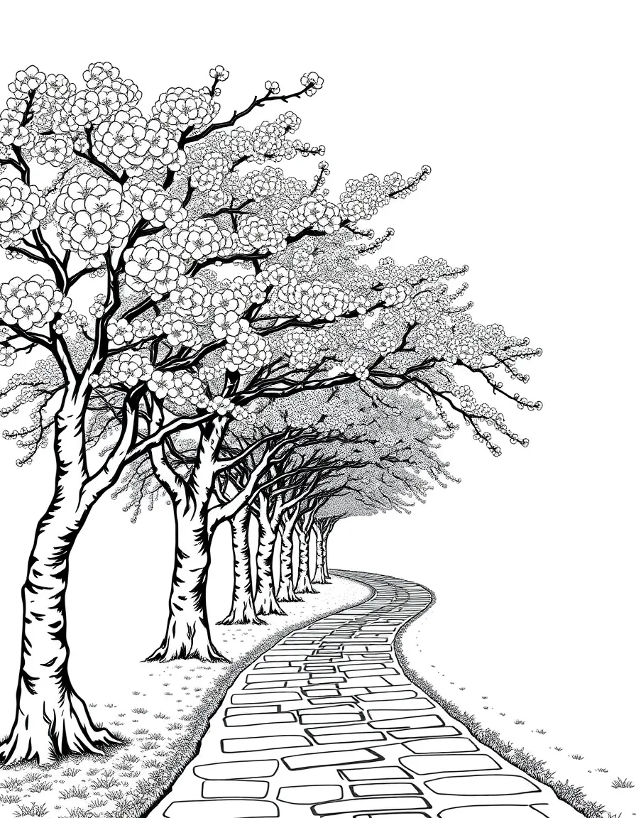 Cherry blossom trees in full bloom lining a winding path