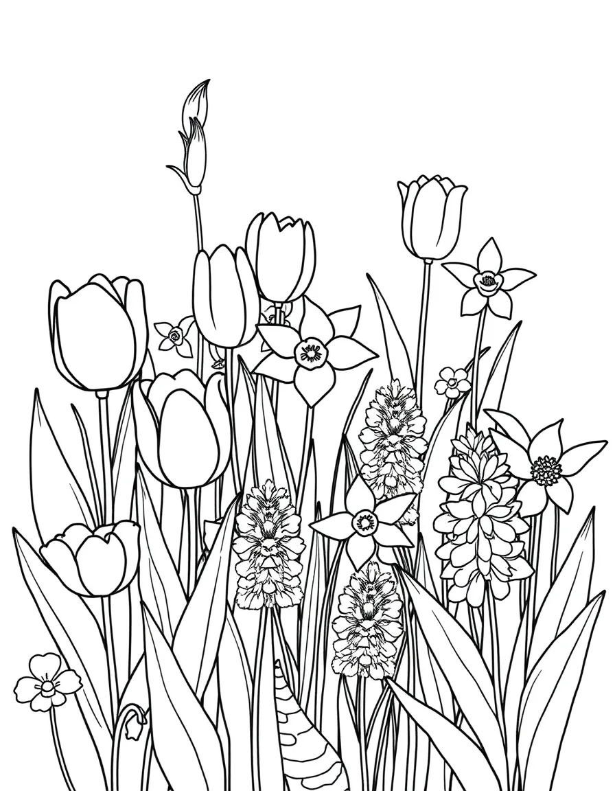 A garden with tulips, daffodils, and hyacinths in various patterns