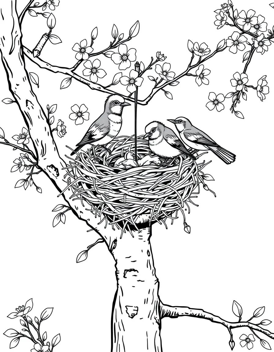 Robins building an intricate nest in a flowering tree