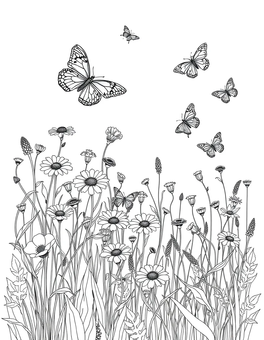 A detailed meadow scene with wildflowers and butterflies