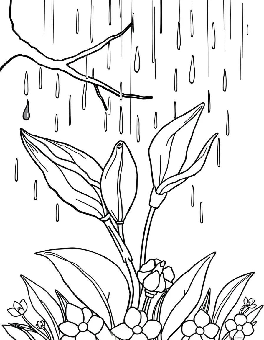 Spring rain falling on unfurling leaves and flower buds