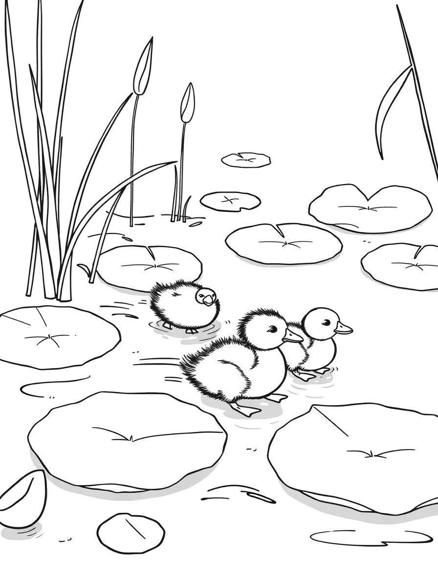 A pond with ducklings following their mother through lily pads